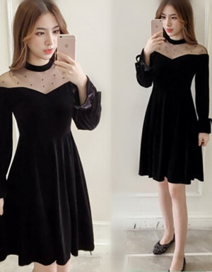 [해외] 여성 의류 긴 소매 셔츠 여성 골드 벨벳 드레스 검은 벨벳 드레스