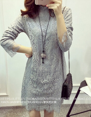 [해외] 긴 소매 드레스 회색 레이스 T 셔츠