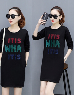 [해외] 블랙 ITIS 스프링 2018년 봄 문자 프린팅 된 T 셔츠 드레스 캐주얼 긴 섹션