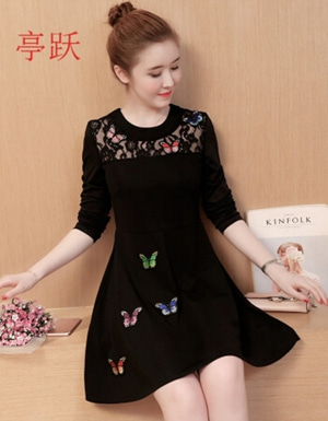 [해외] 봄과 가을 플러스 블랙 레이스 셔츠느슨한 긴 소매 T 셔츠 드레스 캐주얼 봄과 가을