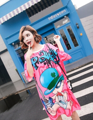 [해외] 아기 만화 프린팅 드레스 컬러 T 셔츠