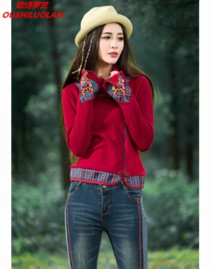 [해외] 복고풍 탑 칼라 스웨터 T 쑤 꽃 자수 셔츠