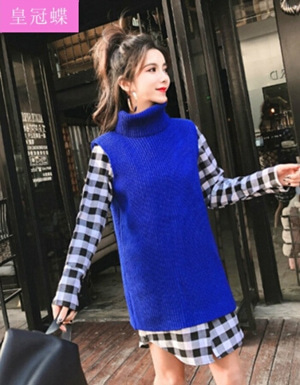 [해외] 격자 무늬 셔츠 넥 스웨터 불규칙 조끼