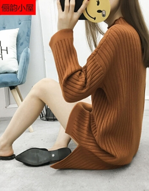 [해외] 하프 넥 스웨터와 분할 슬리브를 바닥으로 긴 섹션 니트 셔츠