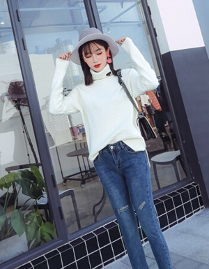 [해외] 여성 긴 단락 슬림 바닥을 셔츠 풀오버 스웨터 흰색 크기 터틀넥