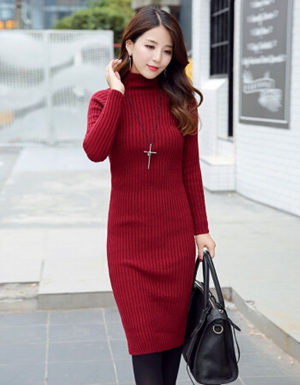 [해외] 탑 칼라 슬림 롱 스커트 풀오버 스웨터 드레스 슬릿 드레스