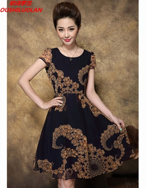 [해외] 우아한 럭셔리 빈티지 궁전 인쇄 쉬폰 대형 드레스