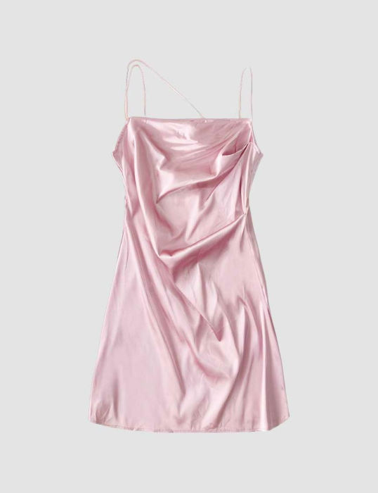 Silk satin diagonal shirring mini dress