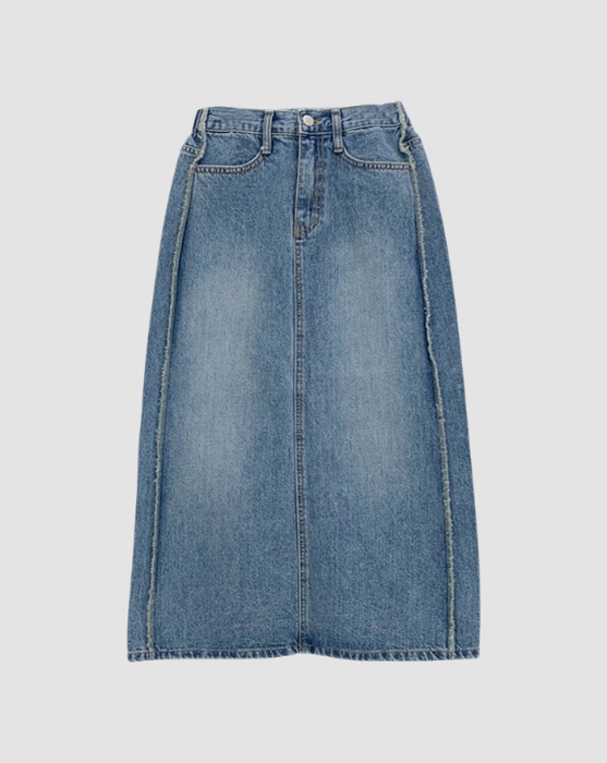 [~3XL] Side destroyed dark denim long skirt