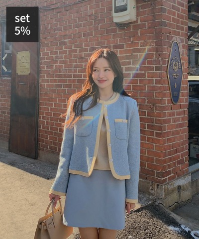 ラブ配色ツイードジャケット+ファインラグランカシミアニット（ウール60％）+ツイルミニスカート 韓国ファッション通販 ダルトゥ