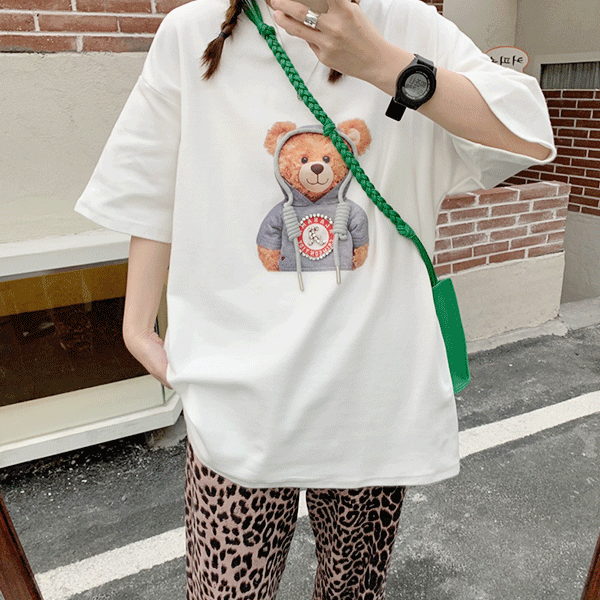 [캐주얼/데일리] 후드 곰돌이 프린팅 루즈핏 반팔 티셔츠