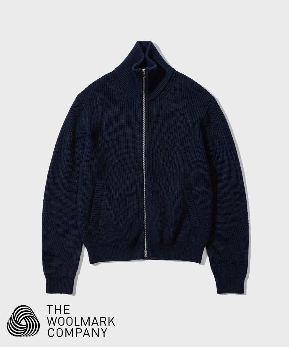 Oblique Line Merino Wool Pull Zip-up_Navy