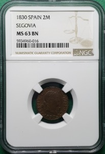 스페인 1830년 2 마라베디스 페르디난도 2세 세고비아 - NGC MS63 BN