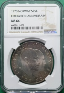 노르웨이 1970년 25 KRONER SILVER LIBERATION ANNIVERSARY 토닝진행중 - NGC MS 66