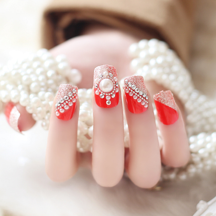 붉은 진주 프랑스 모형 손톱 패치 모형 손톱 완성 된 신부 손톱 손톱