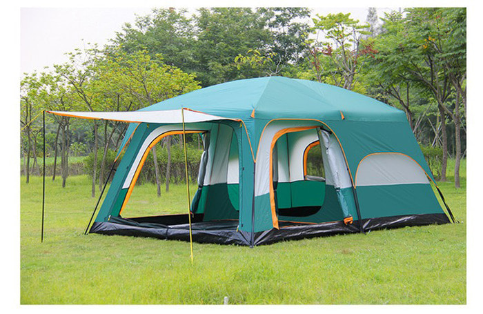 새로운 야외 캠핑 더블 레이어 대형 6-12 명 투룸 원 리빙 텐트자가 운전 캠핑 방수 차양 풀 세트