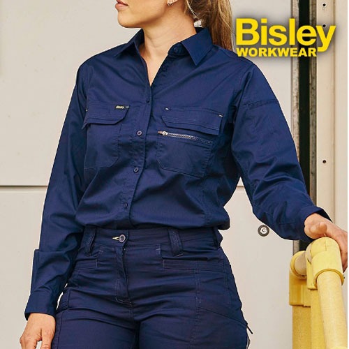 비즐리 워크웨어 여성셔츠 작업복 bisley BL6490 엑스 에어플로우 스트레치 립스탑 네이비