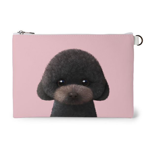 Choco the Black Poodle Leather Flat Pouch