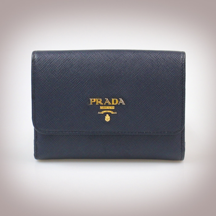 Prada(프라다) 1MH523 네이비 사피아노 멀티 레더 금장 레터링 로고 2단 반지갑