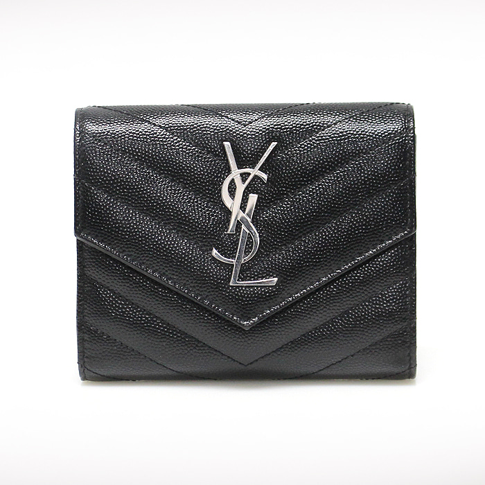 Saint Laurent(생로랑) 403943 블랙 모노그램 마틀라세 엔벨로프 은장 로고 컴팩트 3단 반지갑