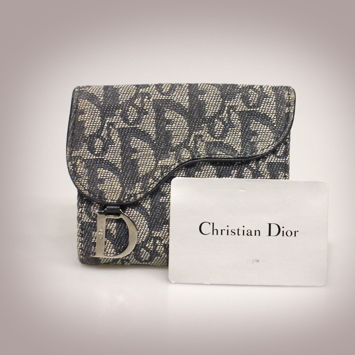 Dior(크리스챤디올) 네이비 자가드 은장 D로고 새들 반지갑