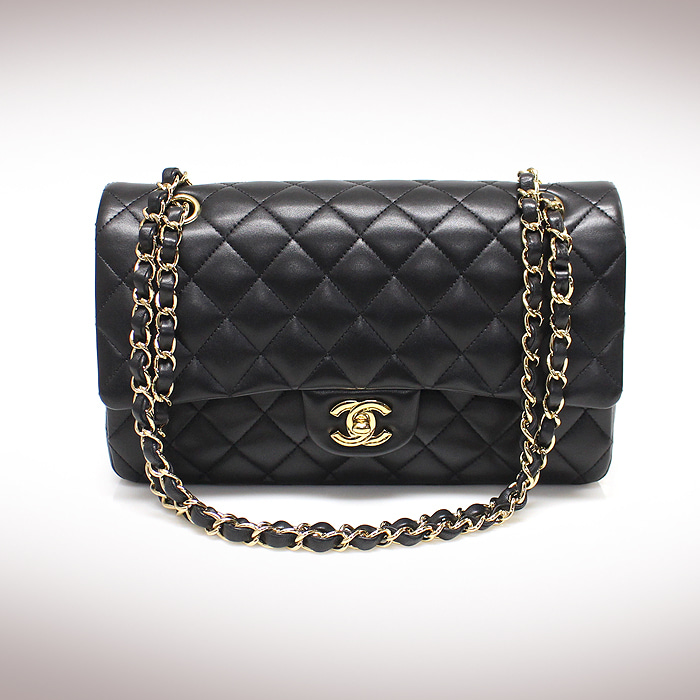 Chanel(샤넬) A01112 블랙 램스킨 금장 체인 투플랩 클래식 미디움 숄더백 (14번대)
