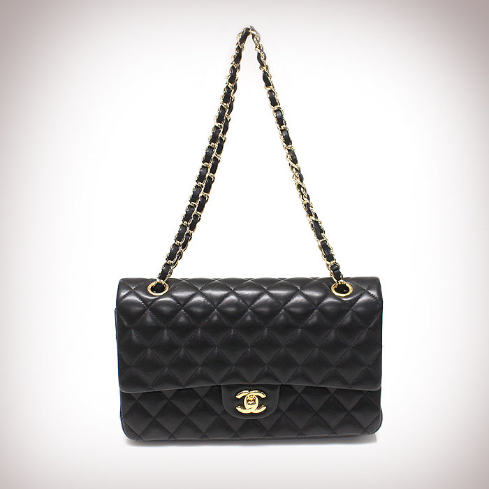 Chanel(샤넬) A01112 블랙 램스킨 금장 체인 투플랩 클래식 미디움 숄더백 (19번대)