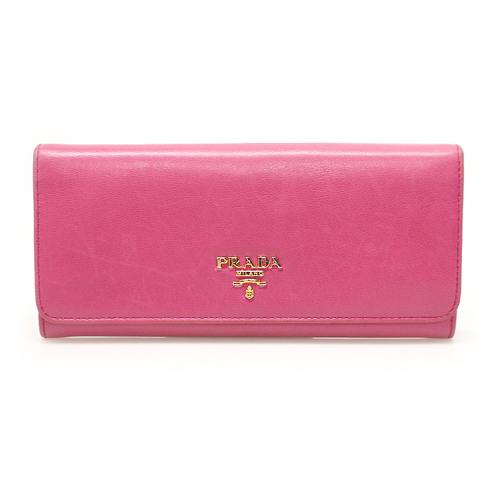 Prada(프라다) 1M1132 핑크 소프트 카프스킨 금장 레터링 로고 장지갑