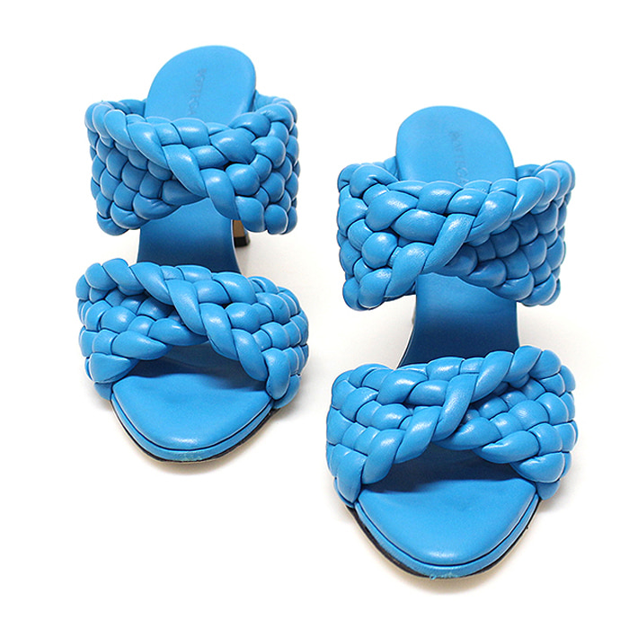 Bottega Veneta 618757 Blue Ramskin Padding Intreciato Weaving Curve Mule Women&#039;s Sandals 38