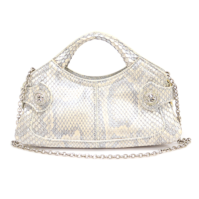Tod&#039;s Python Pattern Crystal Decoration Silver Chain Mini Tote 2WAY