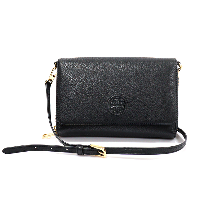 Tory Burch 46177 Black Pebble Leather Gold Clothes Bombay Flat Wallet Cross Bag