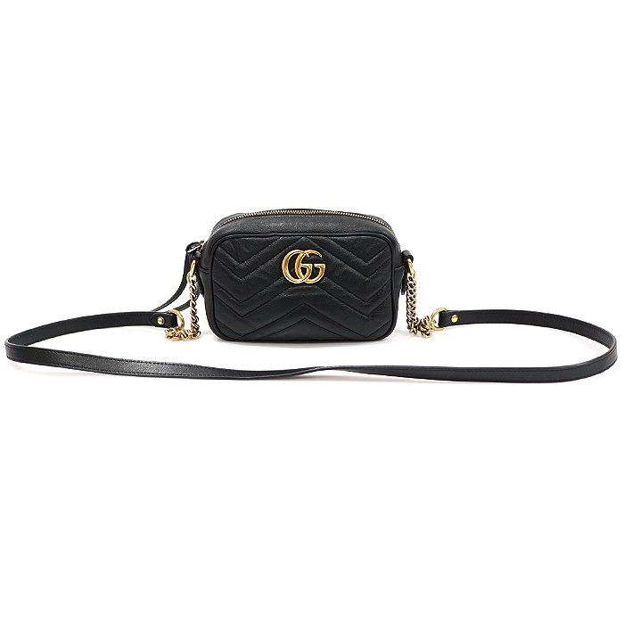 Gucci 448065 Black Matlase Chevron Gold GG Mamon Mini Cross Bag