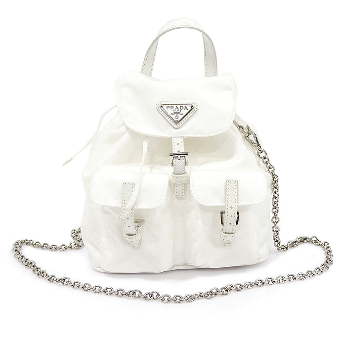 Prada 1BH029 White Linen Silver Long Triangle Logo Two-Pocket Chain Mini Backpack Shoulder Bag