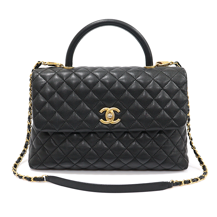 Chanel A92992 Black Grained Kafkin Caviar Gold Flap Coco Handle Large 2WAY (No. 24)