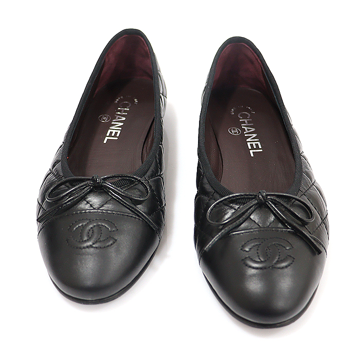 Chanel G26250 Black Vintage Karp Skin Ribbon Decoration CC Logo Ballerina Women&#039;s Flat Shoes 37.5C