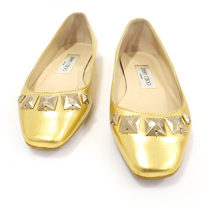 Jimmy Choo Metallic Gold Leather Gold Gold Gloss Stud WATSON Ballerina Women&#039;s Flat Shoes 36.5