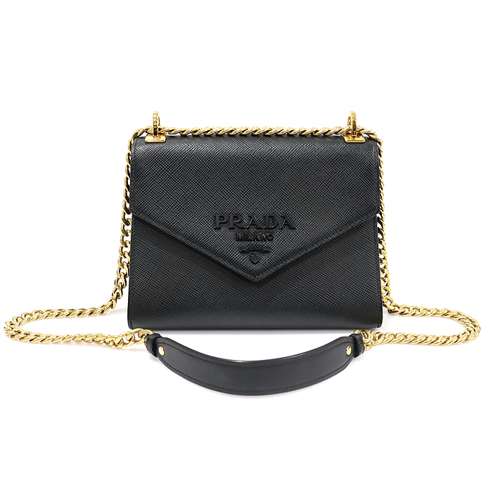 Prada 1BD127 Black Saffiano Curie Monochrome Logo Flap Gold Chain Shoulder Bag