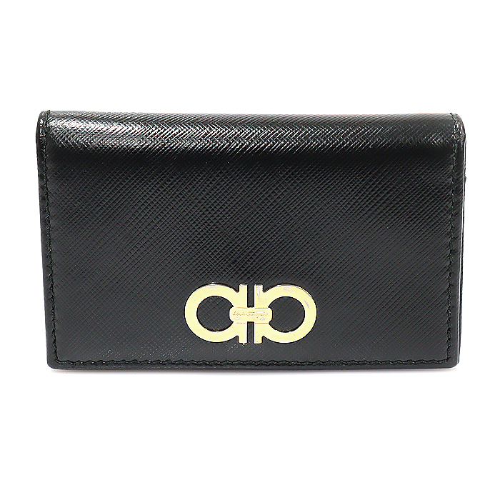 Ferragamo 22 C330 Black Safiano Leather Gold Cloth Gancini Card Wallet