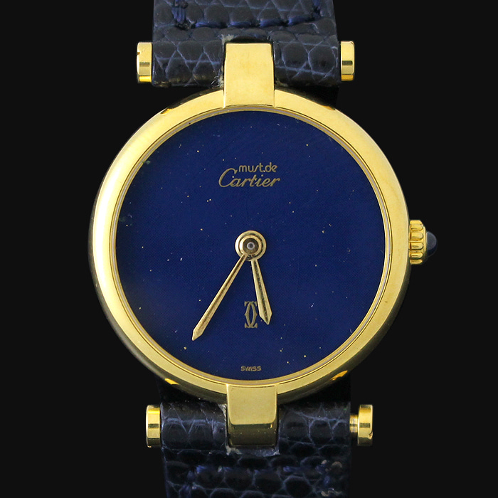 Cartier(까르띠에) 925 18K 금장 쿼츠 머스트 드 까르띠에 블루 다이얼 가죽밴드 시계