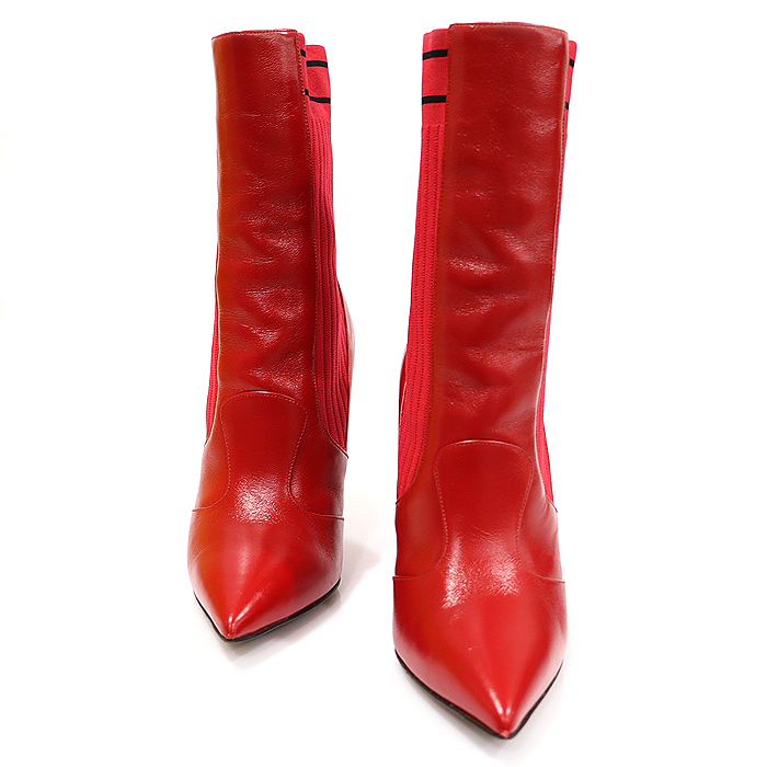 Fendi (Pendi) 8T6645 Red Carpskin Knit Lettering Logo High-Hill Socks Women&#039;s Ankle Boots 34.5