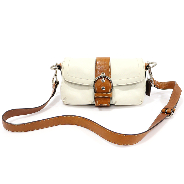 Coach 3683 White Leather Brown Trimming Silver Long Buckle Hampton Crossbag