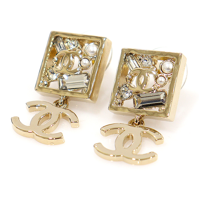 Chanel AB7261 Champagne Gold CC Logo Square Crystal Pearl Stud Drop Earrings