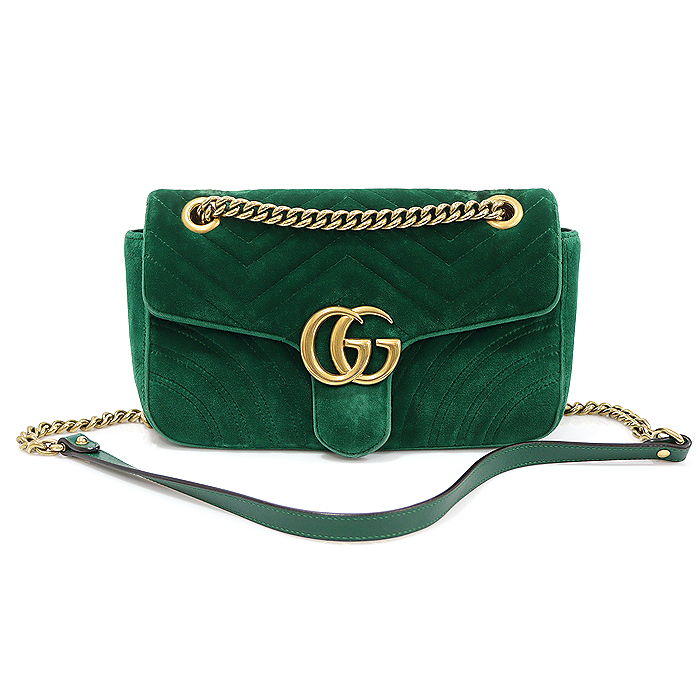 Gucci 443497 Green Velvet Gold Chain GG Mamon Small Shoulder Bag