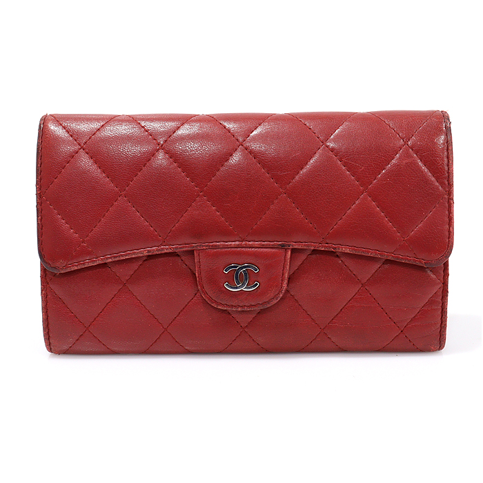 Chanel A31506 Red Lamb&#039;s Skin Silver Long CC Logo Classic Flap Long Wallet (No. 14)