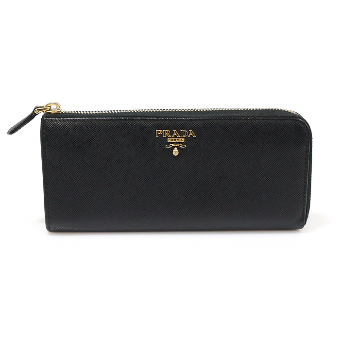 Prada (Prada) 1M1183 Black Saffiano Gold Lettering Logo Zipper Long Wallet