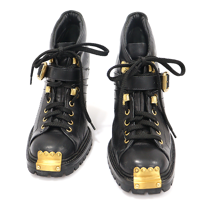MiuMiu 5P4581 Black Old Carp Sports Gold Strap Combat Lace Up Women Ankle Boots 38
