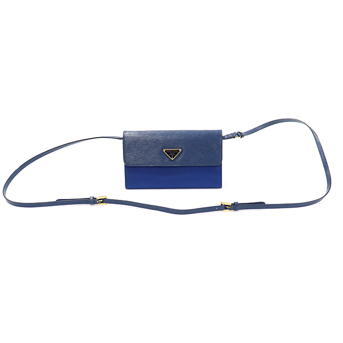 Prada 1MT437 Blue Tessuto Vitello Move Gold Medal Triangle Long Wallet Cross Bag