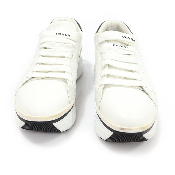 Prada 1E557I White Vitello Soft Carp Skin Platform Lettering Logo Women&#039;s Sneakers 35