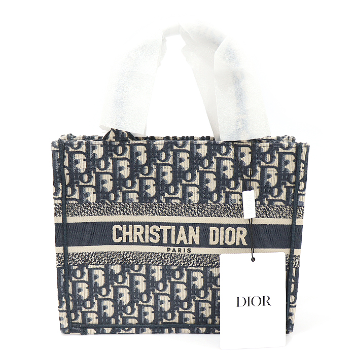 Dior (Christian Dior) M1265ZRIW_M928 Ecru Blue Oblique Embroidery Jacquard Book Tote Small Tote Bag