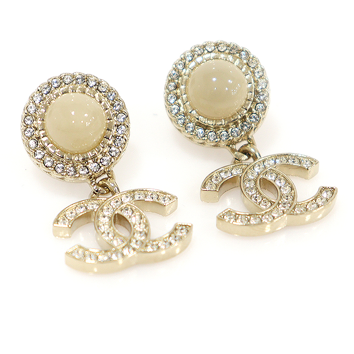 Chanel Champagne Gold Crystal Stras Pearl Pearl CC Logo Drop Earrings